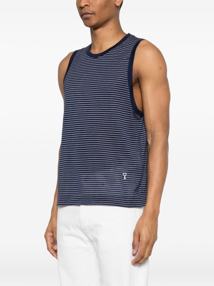 Ami Paris Blue White Logo Striped Sleeveless Top