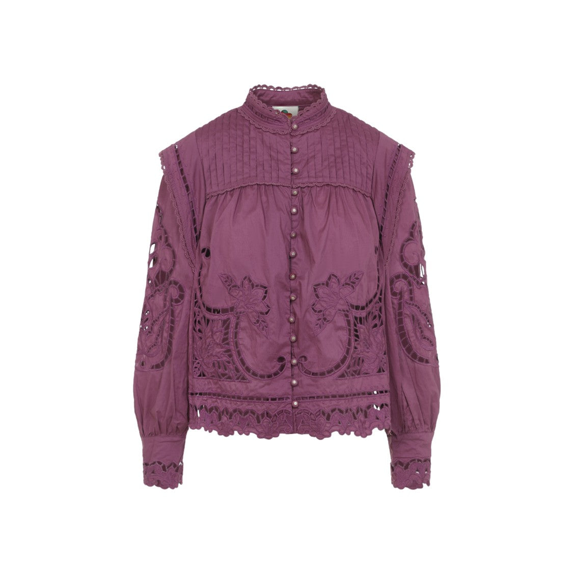 Farm Rio Lace-Embellished Purple Cotton Long-Sleeved Top