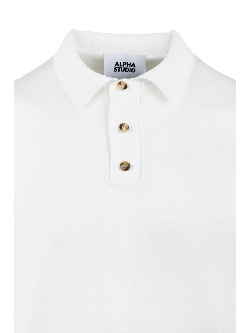 Alpha Studio White Cotton Polyurethane Knit Polo Shirt