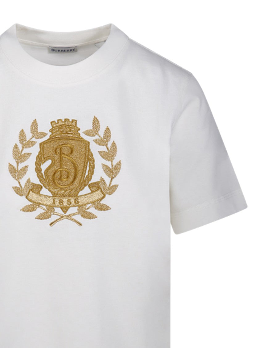 Burberry White Cotton T-Shirt With Gold Emblem