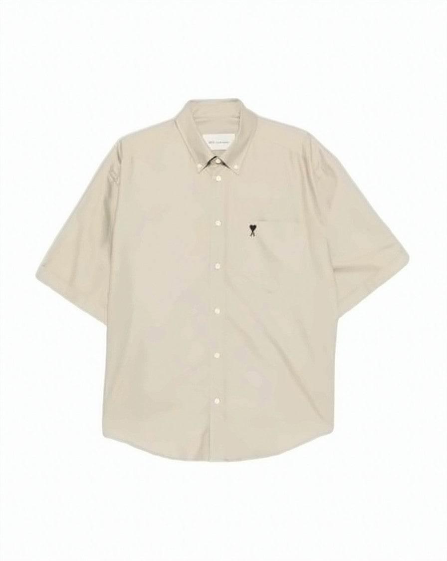 Ami Paris Light Beige Cotton Short-Sleeve Shirt