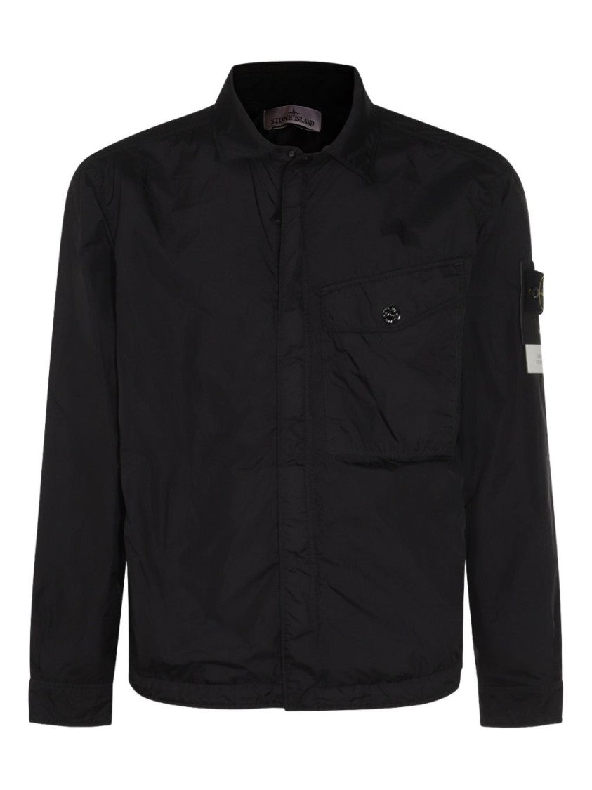 Stone Island Black Nylon Jacket With Shirt Collar And Logo Badge