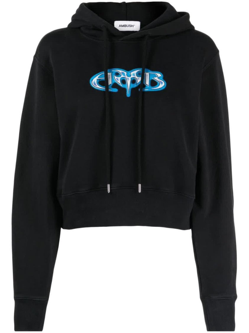 Ambush Black Amb Graphic Cropped Cotton Hoodie