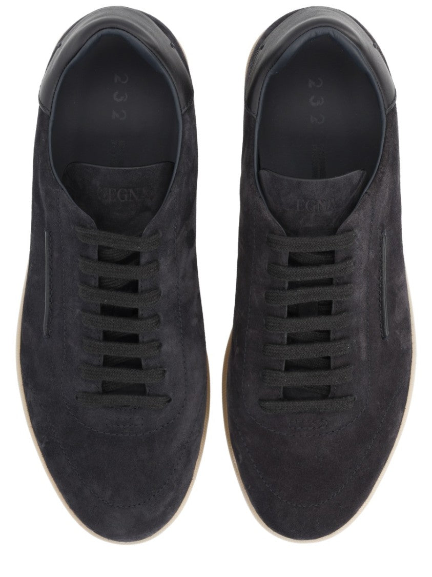 Zegna Black Calf Leather Suede Sneakers