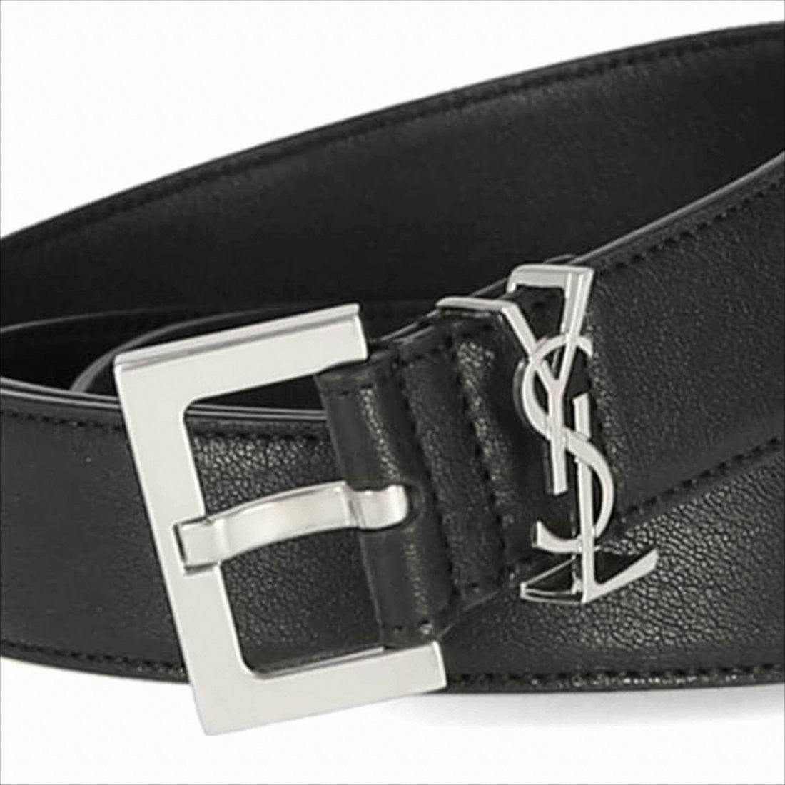 Saint Laurent Black Lambskin Belt With Polished Silver Buckle