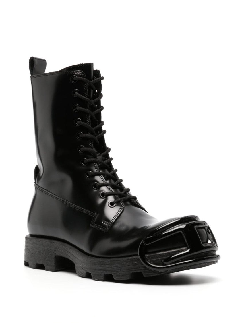 Diesel High Lace-Up Black Boots With Glossy Finish And Chunky Sole