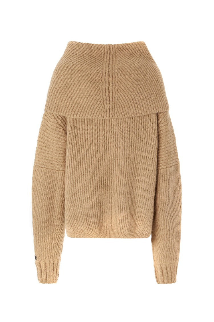 Pinko Off-The-Shoulder Beige Knit Sweater With Oversized Fit