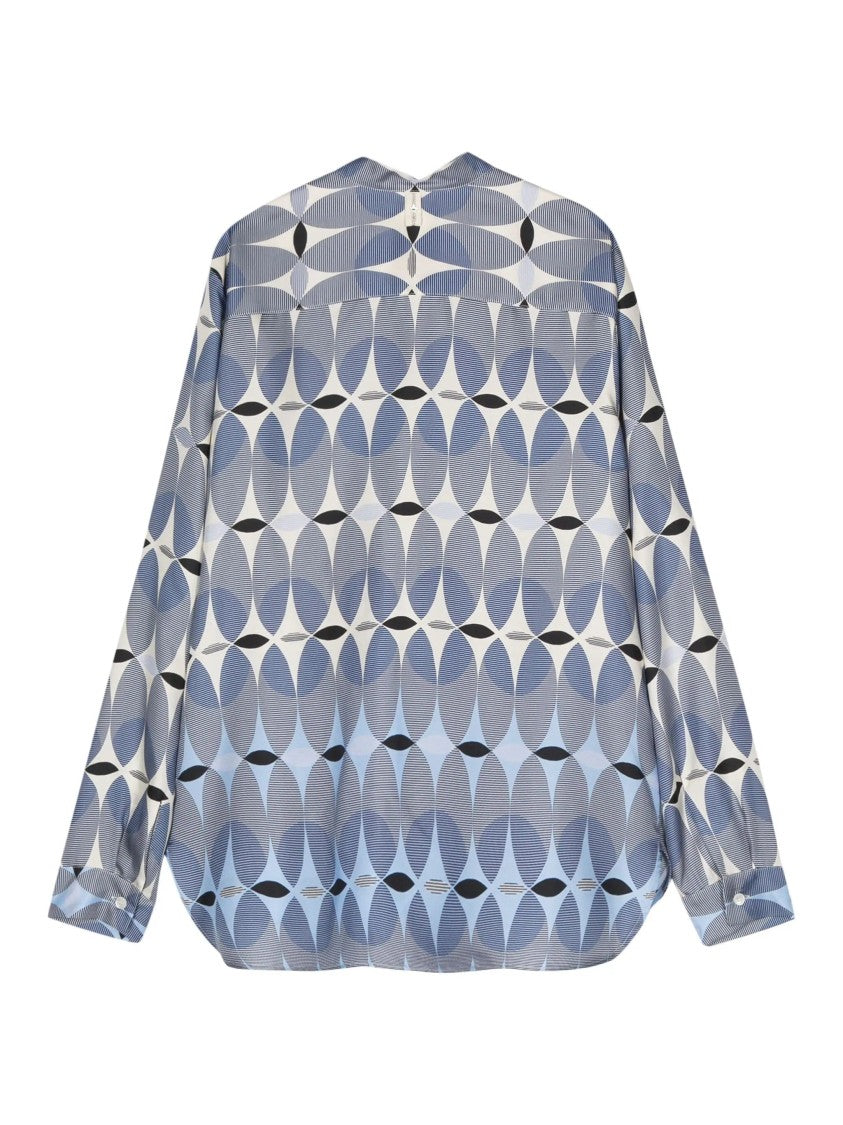 Lorena Antoniazzi Blue Printed Geometric Collarless Silk Long-Sleeve Shirt