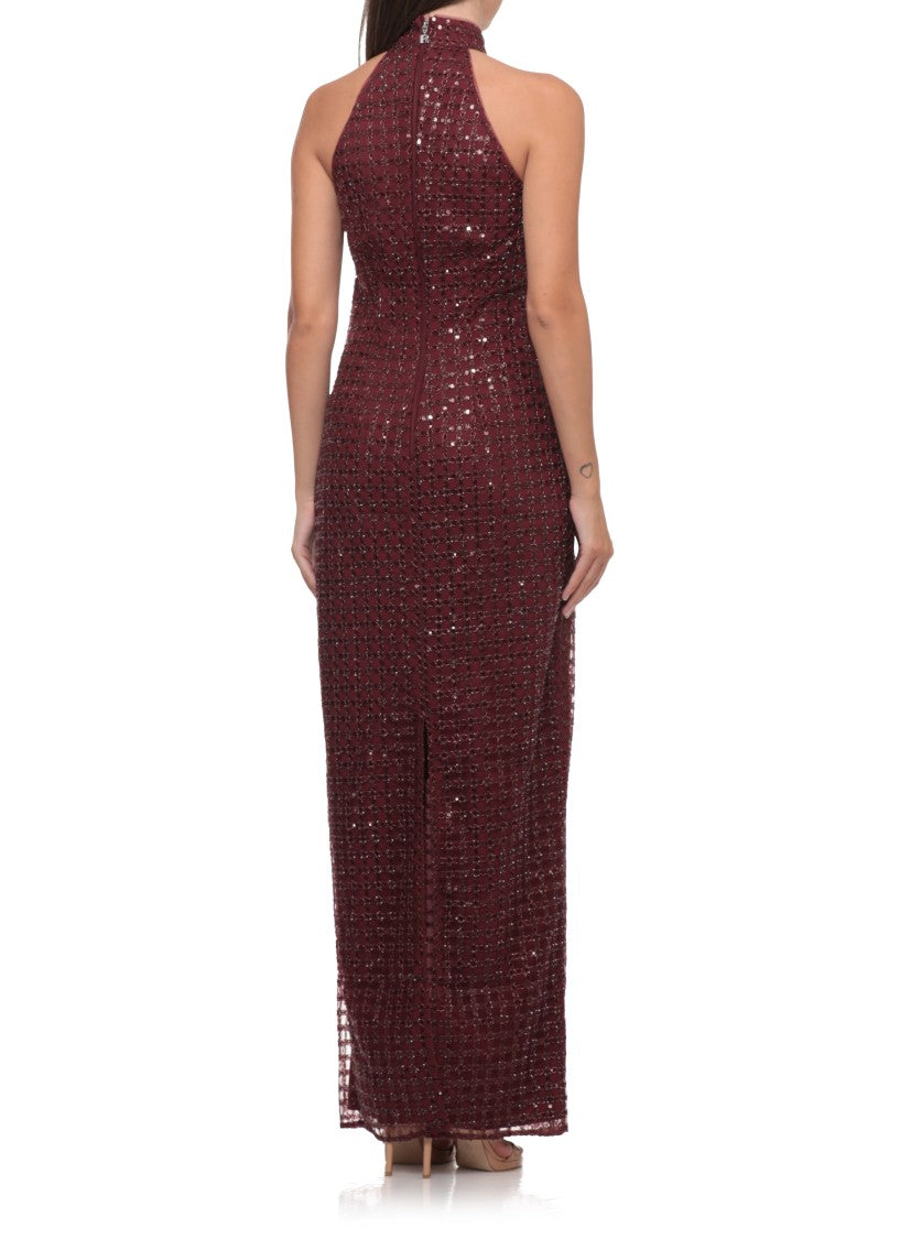 Rotate Burgundy Long Dress With All-Over Beaded Pattern