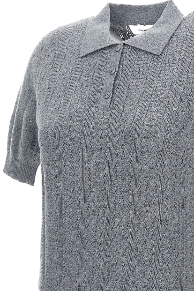 Lisa Yang Cropped Grey Wool Sweater With Polo Neckline And Ribbed Details
