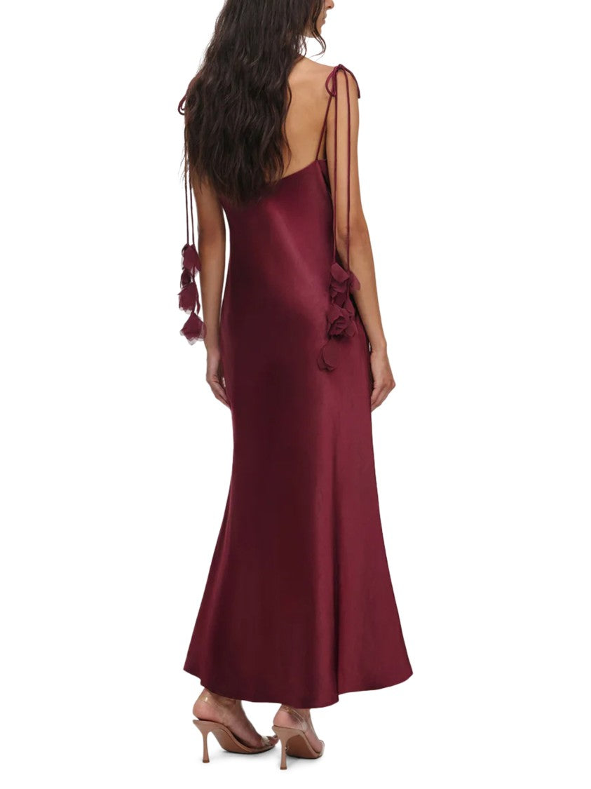 Self-Portrait Burgundy Satin Midi Dress With Floral Appliqués