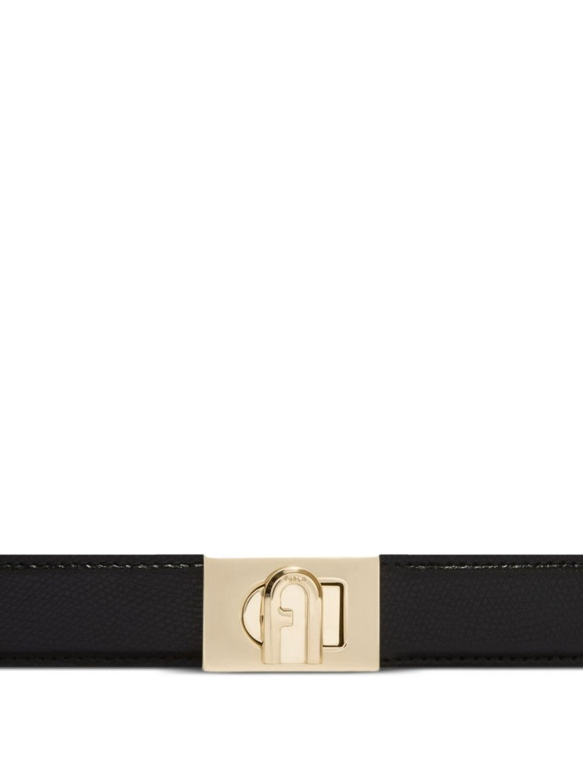Furla Black Textured Leather Logo Belt