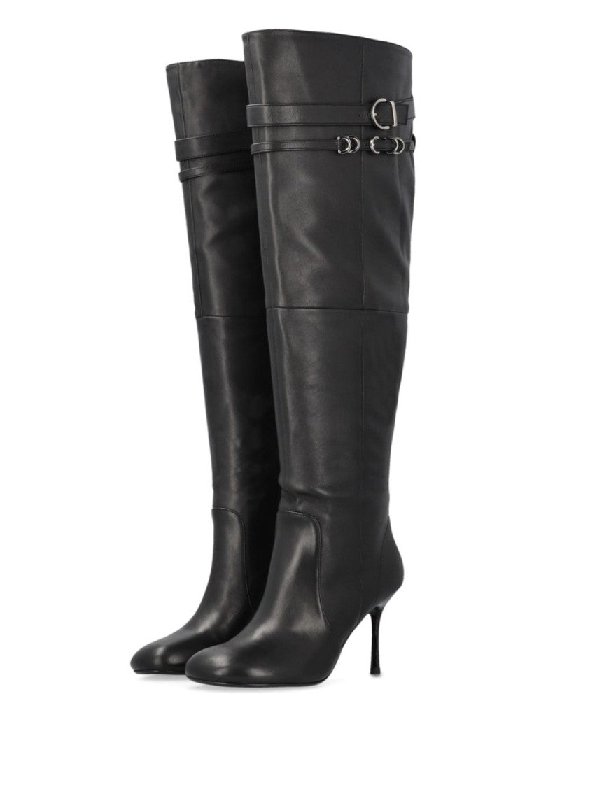Pinko Pointed Toe Knee-High Boots With Decorative Straps