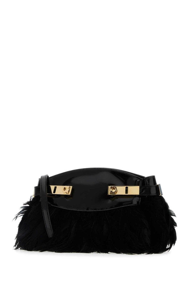 Salvatore Ferragamo Black Leather And Feathers Hug Clutch