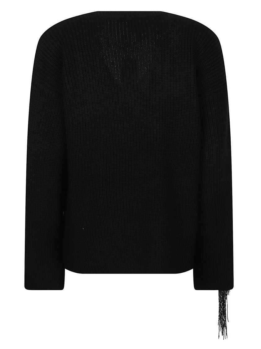 Pinko Captiva Cropped Black Asymmetrical Silver Fringe V-Neck Sweater