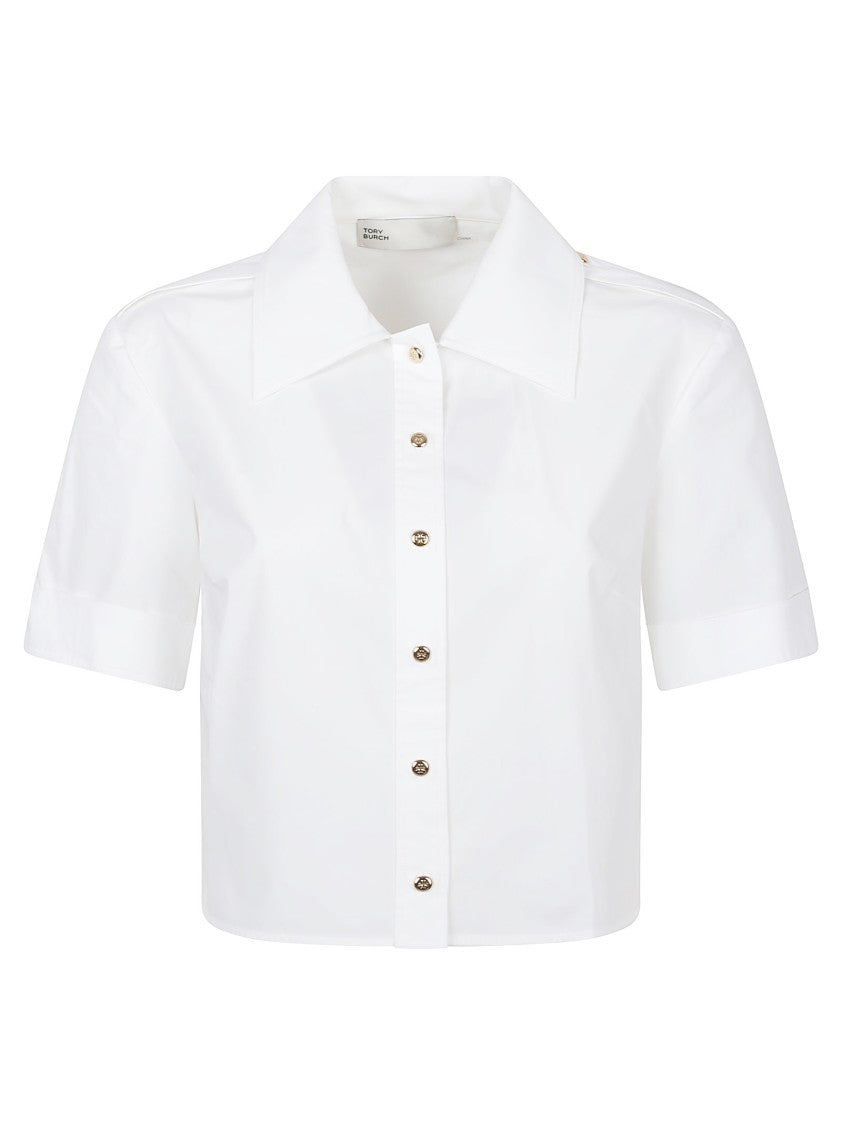 Tory Burch Cropped Short-Sleeved Poplin Shirt With Gold Button Details
