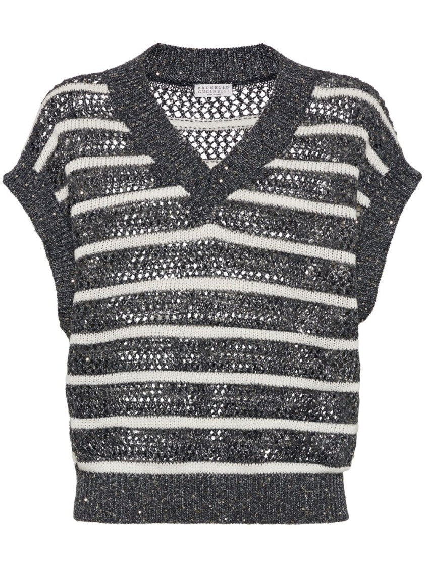 Brunello Cucinelli Sleeveless V-Neck Knitwear With Ribbed Trim