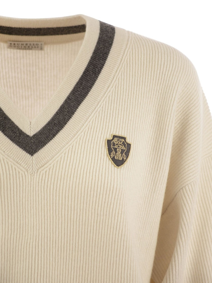 Brunello Cucinelli Ribbed Cashmere Sweater With Contrasting Stripe