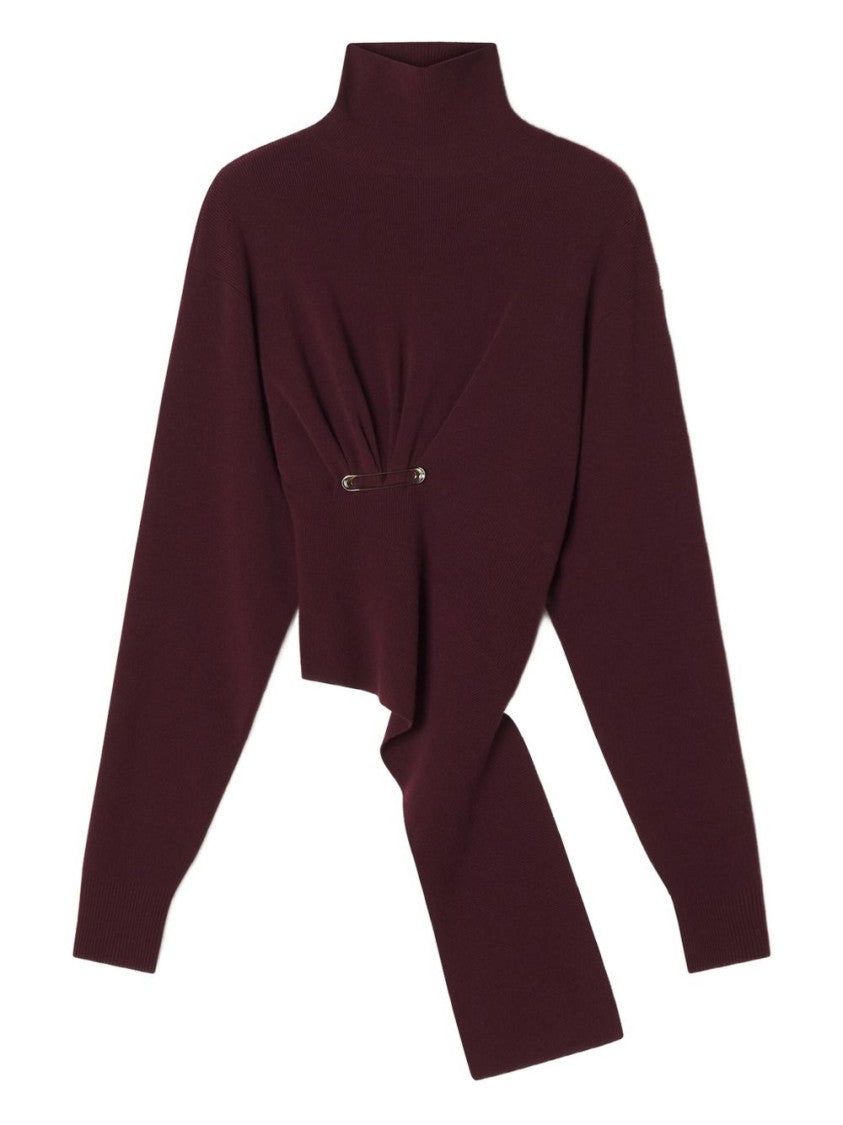 Lanvin Burgundy Knit Wool-Cashmere Sweater With Asymmetrical Hem