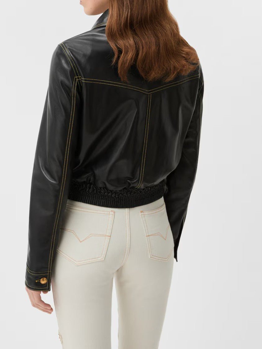 Versace Black Cropped Gold Accents Leather Jacket