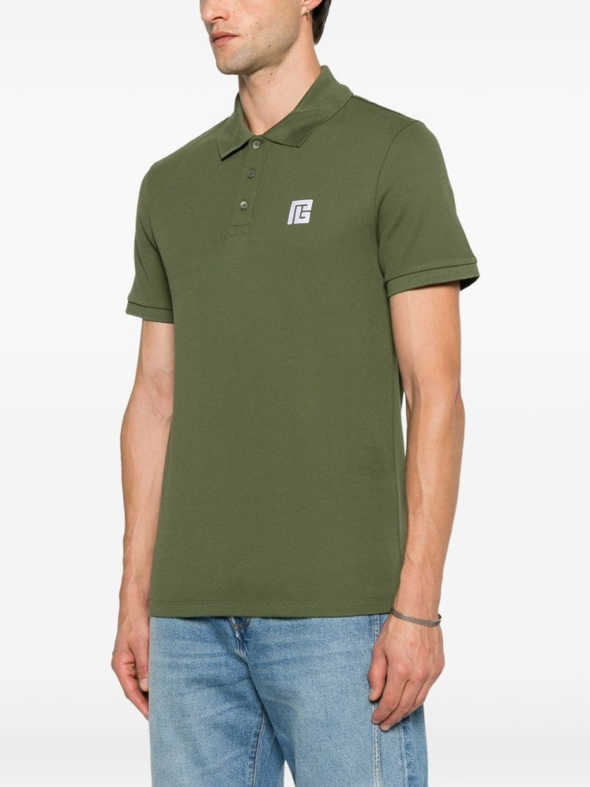 Balmain Khaki Green Piqué Weave Polo Shirt With Logo Patch