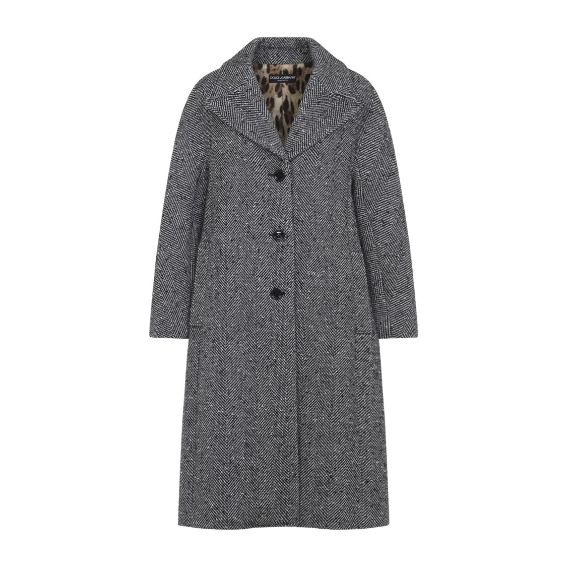 Dolce & Gabbana Long Wool Coat With Herringbone Pattern And Leopard Lining