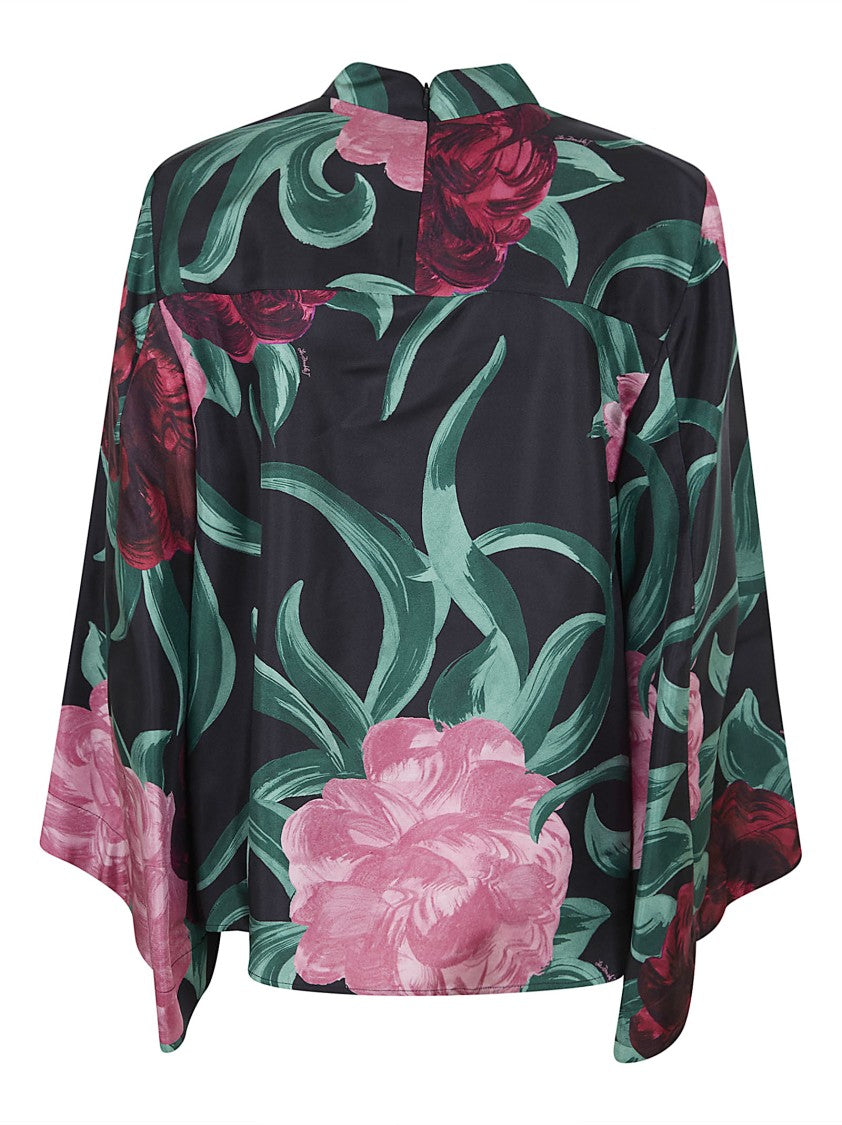 La Double J Floral Print Silk Blouse With Boxy Silhouette And Wide Sleeves