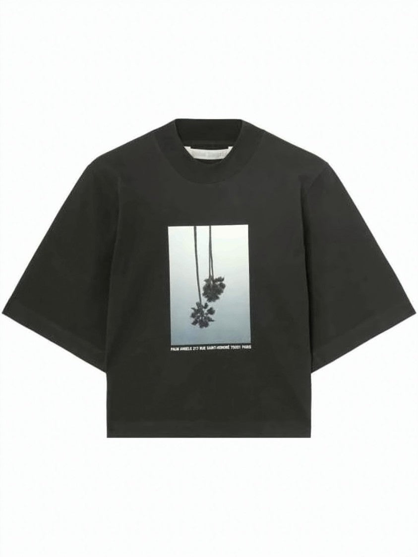 Palm Angels Cropped Black T-Shirt With Graphic Palm Trees