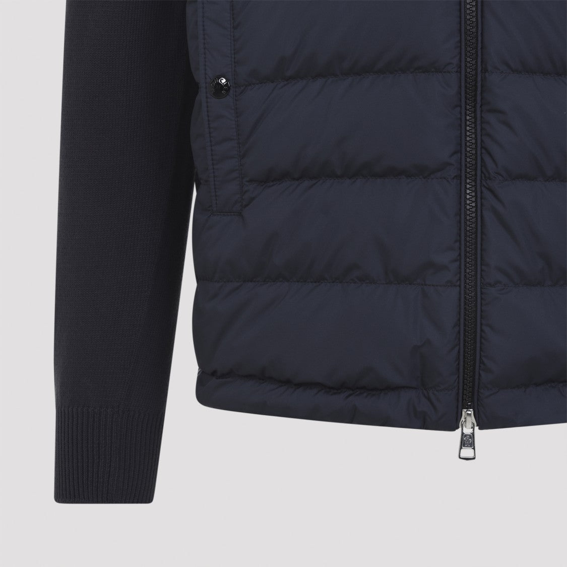 Moncler Padded Dark Blue Cotton Cardigan With Ribbed Collar