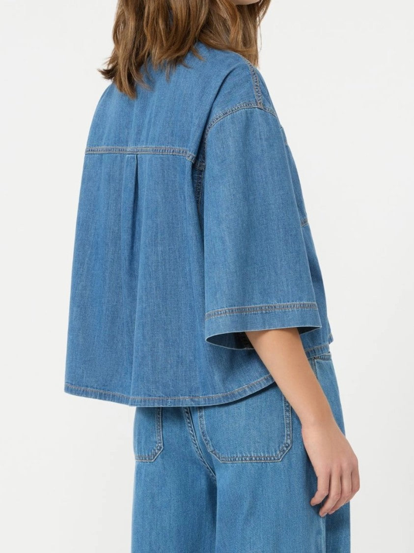 Weekend Cropped Denim Shirt With Boxy Silhouette And Elbow-Length Sleeves