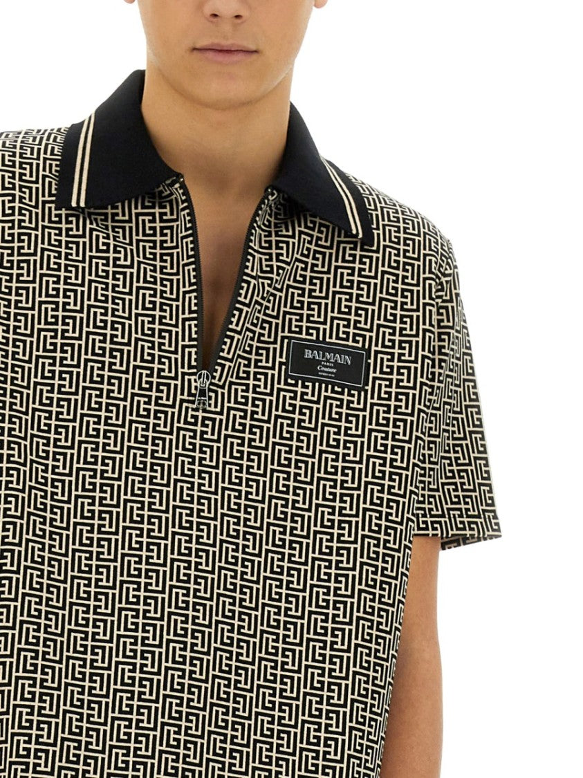 Balmain Geometric Monogram Pattern Polo Shirt