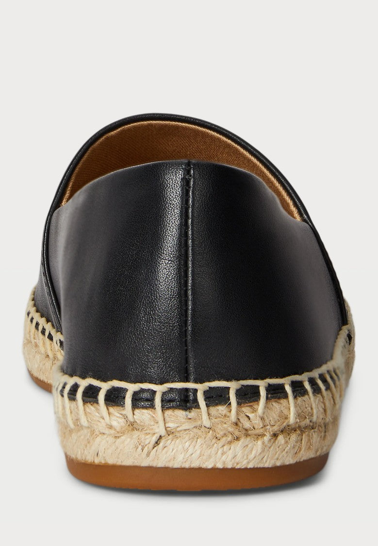 Lauren Ralph Lauren Smooth Black Leather Espadrille Flats With Embossed Logo