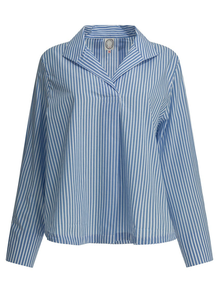 Ines De La Fressange Light Blue Striped Shirt With Buttonless Front