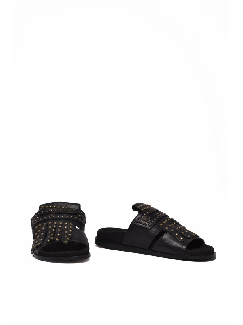 Collection Privee? Black Fringed Minimalist Leather Slide Sandals