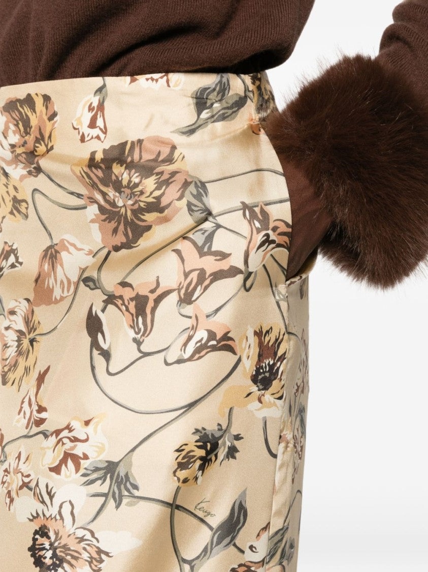 Kenzo Floral Print Silk Skirt With Satin Finish And Concealed Fastening