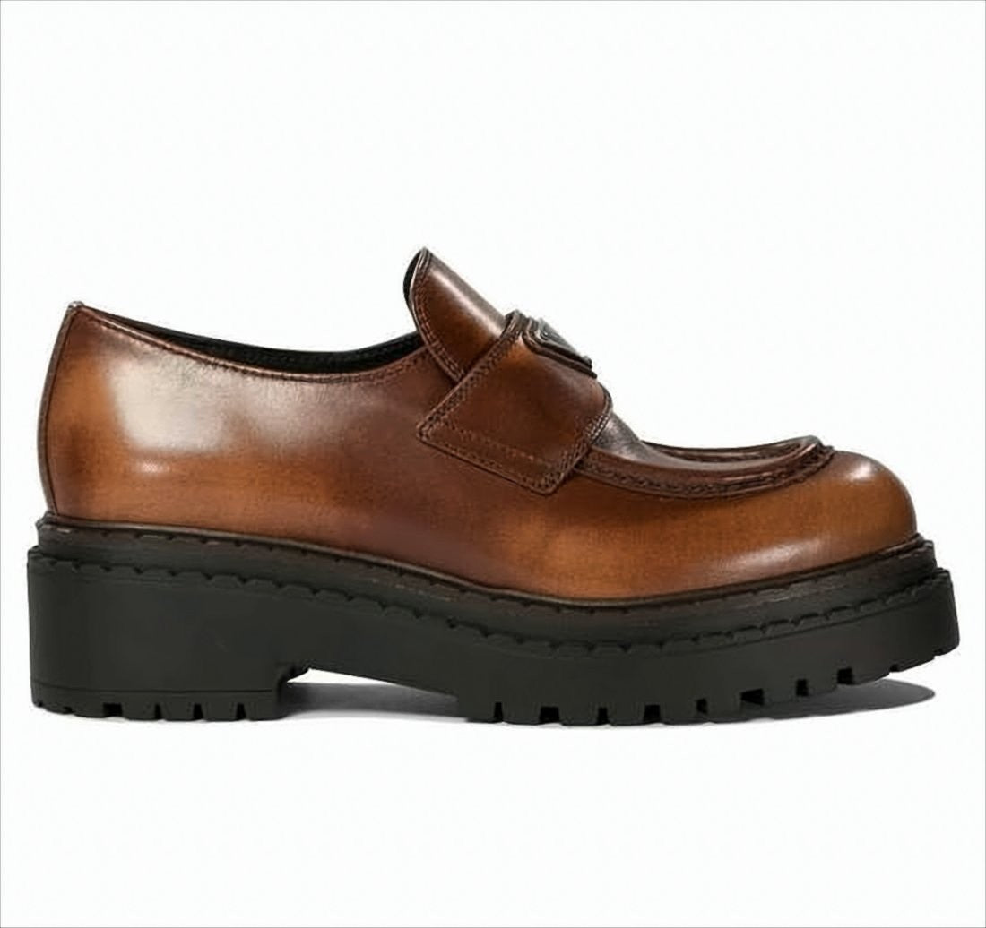 Prada Polished Brown Calf Leather Loafers With Triangular Logo Plaque