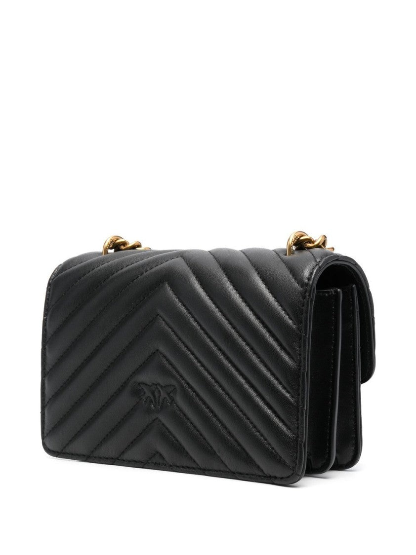 Pinko Black Calf Leather Love Birds Shoulder Bag