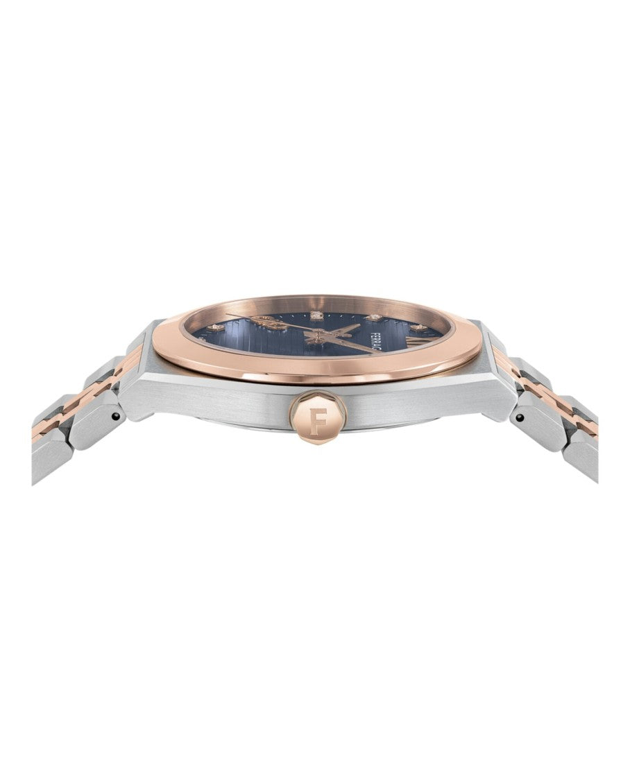 Ferragamo 40Mm Two-Tone Diamond Timepiece With Blue Guilloche Dial