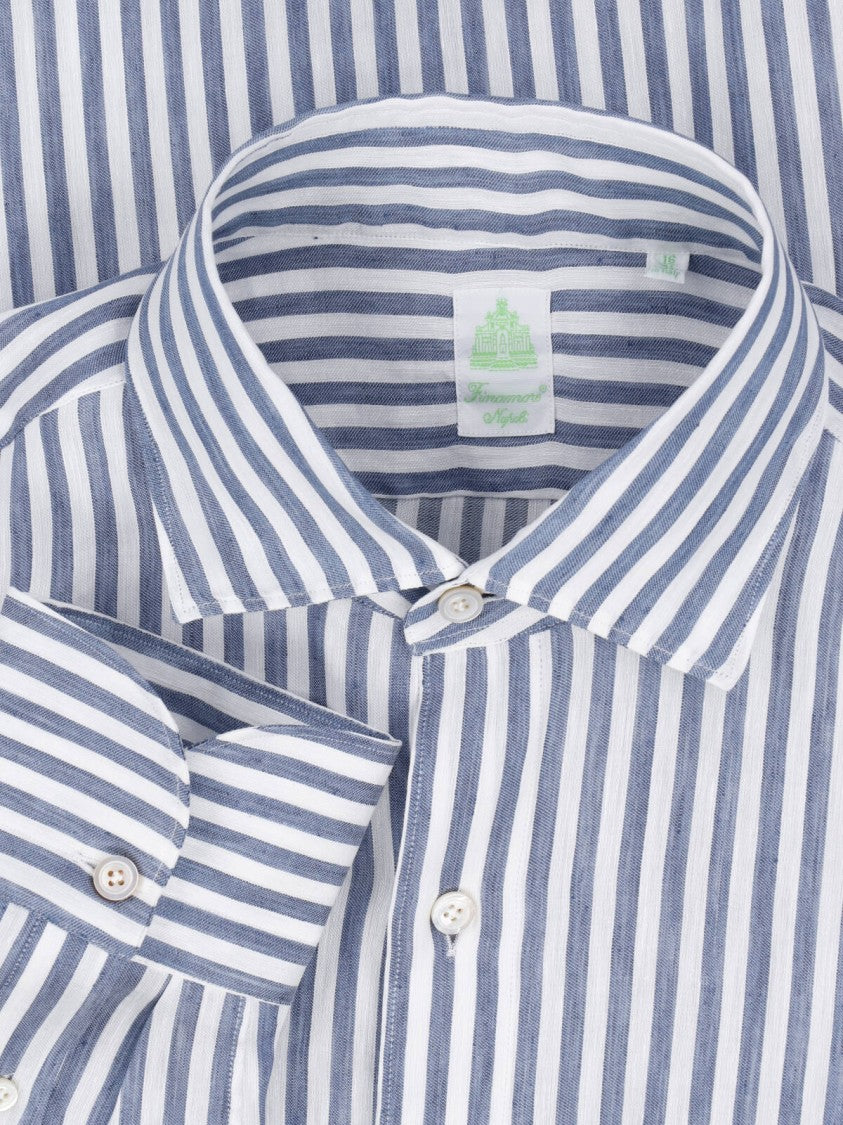 Finamore Blue Striped Classic Collar Linen Shirt