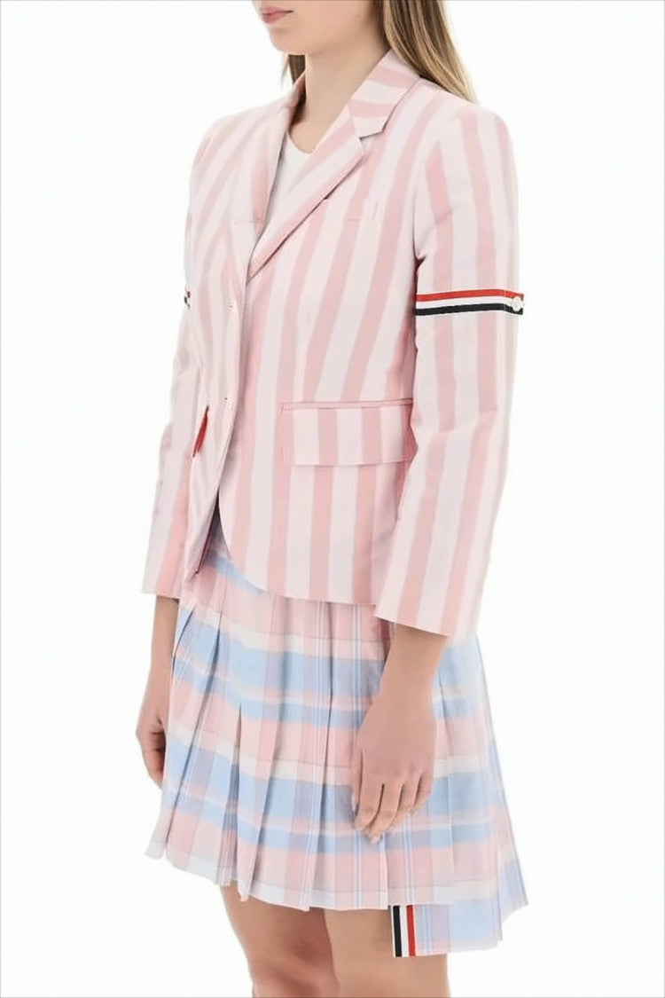 Thom Browne Cropped Pink Striped Tailored Jacket With Tricolor Accents