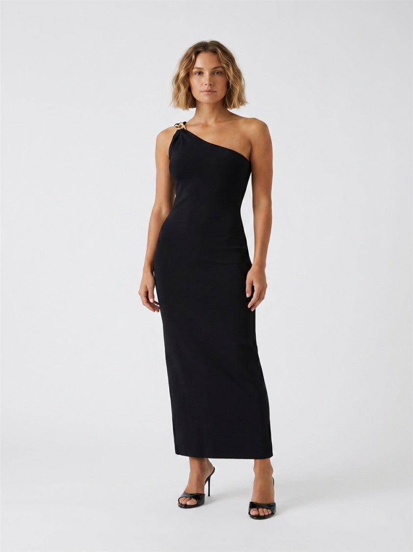 Elisabetta Franchi Black One-Shoulder Golden-Jewel Viscose-Blend Evening Dress
