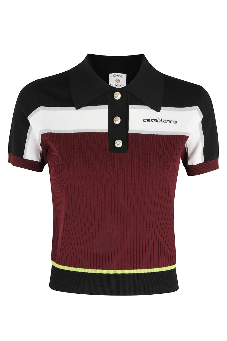 Casablanca Burgundy Striped Ribbed-Neck Logo-Chest Viscose-Blend Polo Shirt