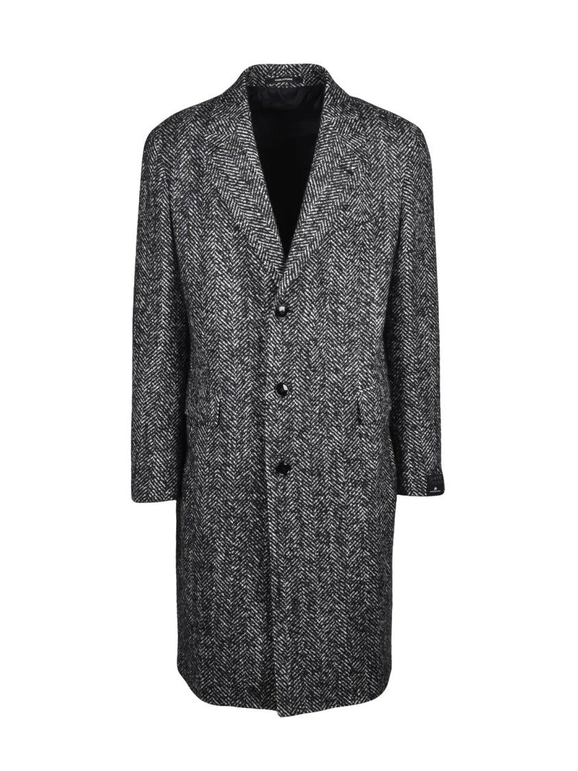 Tagliatore Black/White Textured Herringbone Wool-Blend Coat