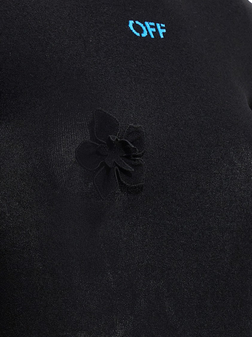 Off-White Long Hooded Dress With Floral Appliqués