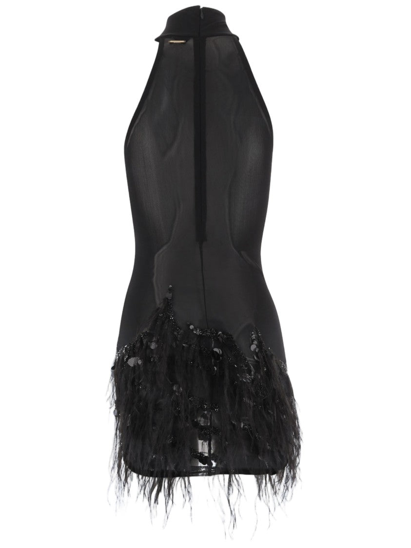 Just Cavalli Technical Jersey Mini Dress With Feathered Hem And Decorative Embellishments