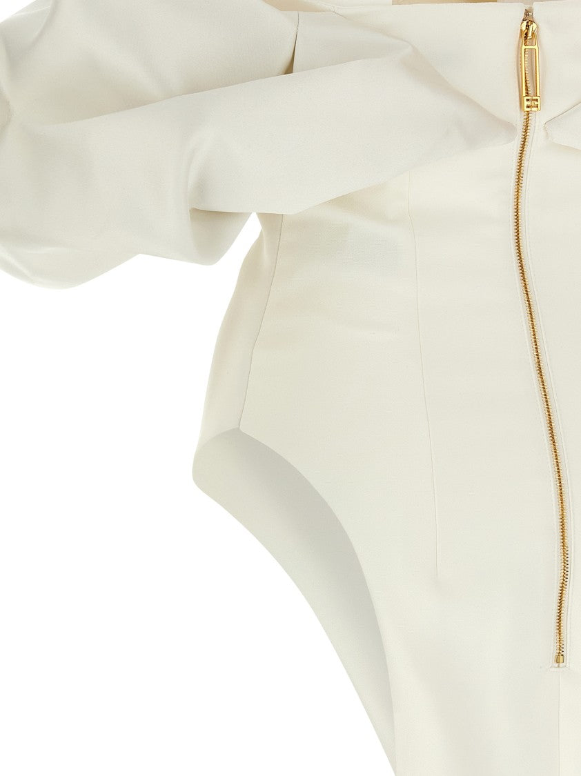Elisabetta Franchi Satin Off-The-Shoulder Sheath Dress With Corset Detail