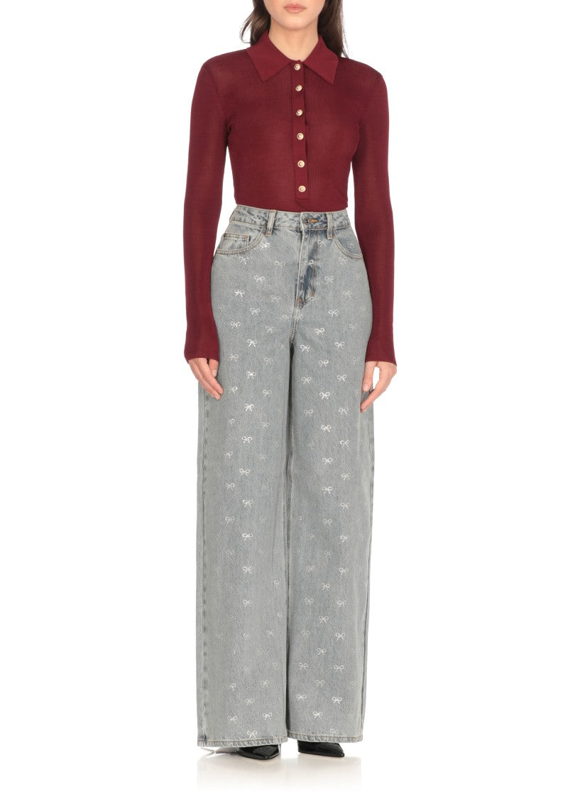 Self-Portrait Bordeaux Viscose Bodysuit With Classic Collar