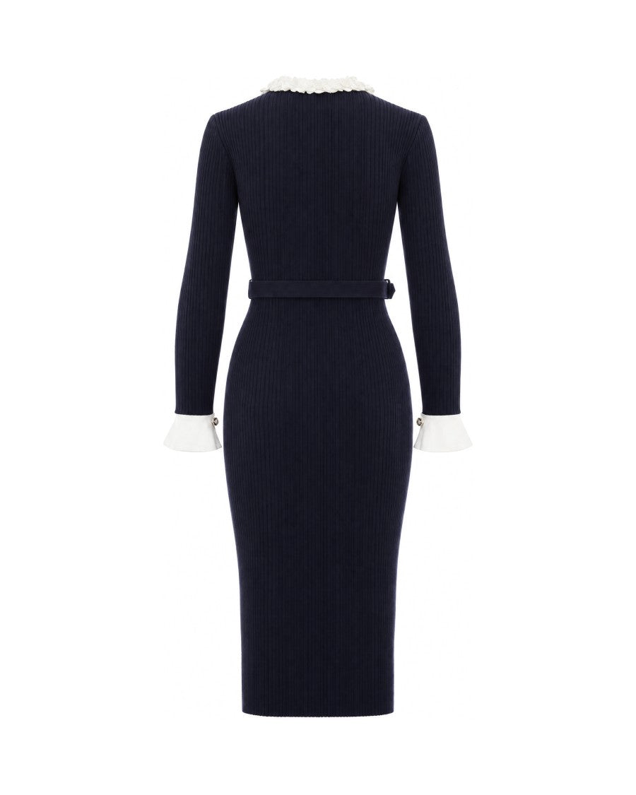 Self-Portrait Navy Knit Flower Ribbed Floral Belted Midi Dress
