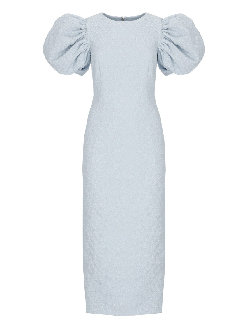 Rotate Jacquard Midi Dress With Balloon Sleeves And Floral Embossing