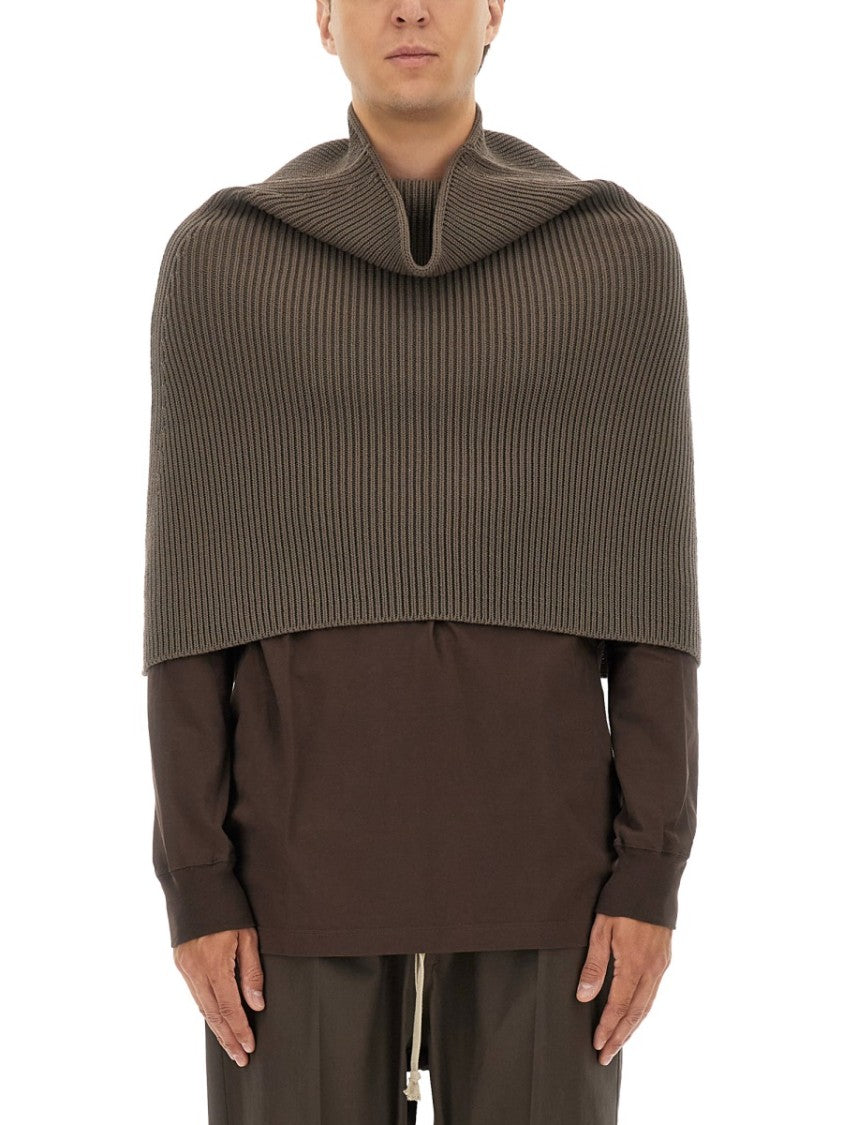 Rick Owens Ribbed Knitted Cape With Structured Collar
